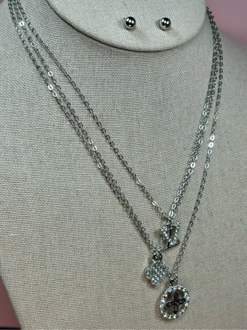 Trendy Fashion Jewelry Silver Layered Clover- Rhinestones Necklace Set BRAND NEW - Picture 4 of 7